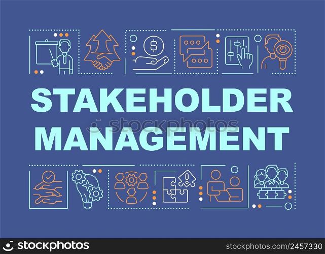 Stakeholders management word concepts dark blue banner. Business partnership. Infographics with icons on color background. Isolated typography. Vector illustration with text. Arial-Black font used. Stakeholders management word concepts dark blue banner