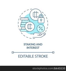 Staking and interest turquoise concept icon. Passive income. Make money on crypto abstract idea thin line illustration. Isolated outline drawing. Editable stroke. Arial, Myriad Pro-Bold fonts used. Staking and interest turquoise concept icon