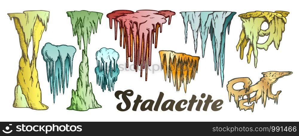 Stalactite And Stalagmite Color Set Vector. Collection In Different Form Cave Stalactite. Mineral Formations Engraving Template Hand Drawn In Vintage Style Illustrations. Stalactite And Stalagmite Color Set Vector