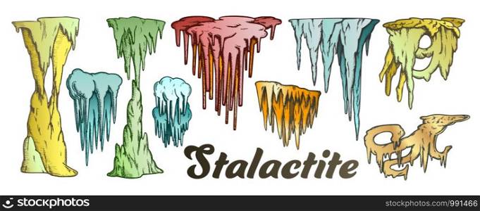 Stalactite And Stalagmite Color Set Vector. Collection In Different Form Cave Stalactite. Mineral Formations Engraving Template Hand Drawn In Vintage Style Illustrations. Stalactite And Stalagmite Color Set Vector