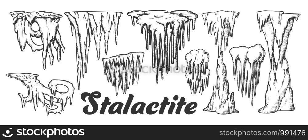 Stalactite And Stalagmite Monochrome Set Vector. Collection In Different Form Cave Stalactite. Mineral Formations Engraving Template Hand Drawn In Vintage Style Black And White Illustrations. Stalactite And Stalagmite Monochrome Set Vector