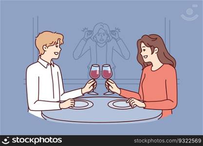 Stalker girl is watching date of former boyfriend drinking wine in restaurant with new girlfriend. Concept of jealousy and surveillance of loved one going on date or betrayal from cheating husband. Stalker girl is watching date of former boyfriend drinking wine in restaurant with new girlfriend