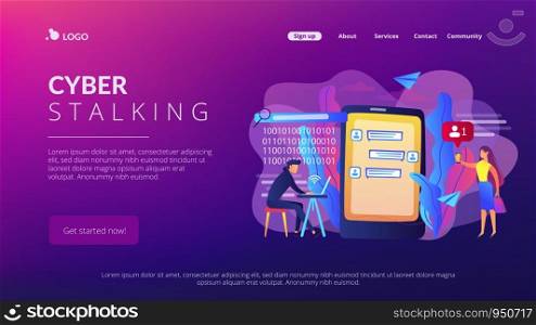 Stalker with laptop controls and intimidates the victim with messages. Cyberstalking, pursuit of social identity, online false accusations concept. Website vibrant violet landing web page template.. Cyberstalking concept landing page.