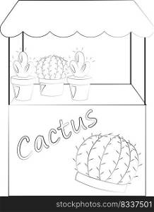 Stall counter with cactus. Draw illustration in black and white