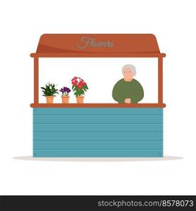 Stall Counters. Food market counter with flowers on shelves. Kiosk on white background.. Stall Counters. Food market counter with flowers on shelves. Kiosk on white background
