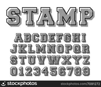 Stamp alphabet font template. Letters and numbers hatch line design. Vector illustration.. Stamp alphabet font template. Letters and numbers hatch line design