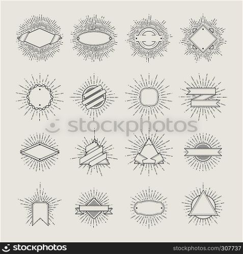 Stamp and badges collection. Different shapes and sunburst frames. Vintage monochrome banners and vector ribbons. Frame badge with sunburst and ribbon illustration. Stamp and badges collection. Different shapes and sunburst frames. Vintage monochrome banners and vector ribbons