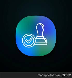Stamp approved app icon. Stamp of approval. Verification and validation. Certified, approved. UI/UX user interface. Web or mobile application. Vector isolated illustration. Stamp approved app icon