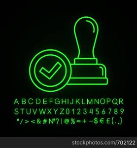 Stamp approved neon light icon. Stamp of approval. Verification and validation. Certified, approved. Glowing sign with alphabet, numbers and symbols. Vector isolated illustration. Stamp approved neon light icon