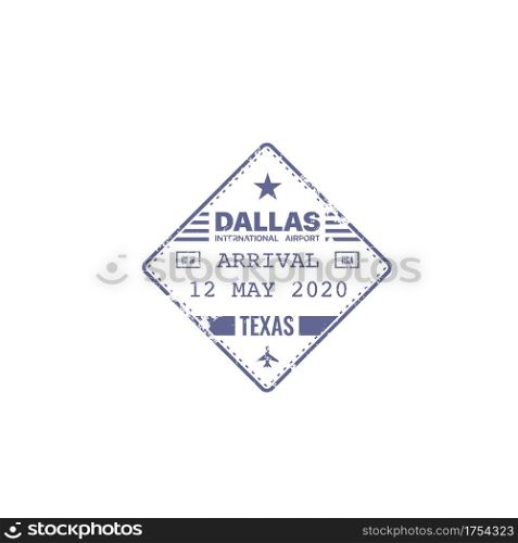 Stamp, passport travel visa of USA America, vector Dallas international airport in Texas. US American international border control square passport stamp with country airport arrival and entry date. Stamp, passport travel visa USA America, Dallas