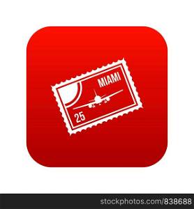 Stamp with plane and text Miami inside icon digital red for any design isolated on white vector illustration. Stamp with plane and text Miami inside icon digital red
