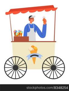 Stand or kiosk with tasty gelato, isolated seller wearing apron selling ice cream. Summer snack and confectionery, different flavors in shop. Vendor with assortment variety. Vector in flat style. Ice cream seller, kiosks or stand with gelato