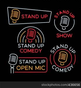 Stand Up comedy bright neon vector signs. Comedy stand up emblem, label for signboard comedian club illustration. Stand Up comedy bright neon vector signs