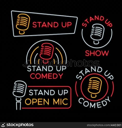 Stand Up comedy bright neon vector signs. Comedy stand up emblem, label for signboard comedian club illustration. Stand Up comedy bright neon vector signs