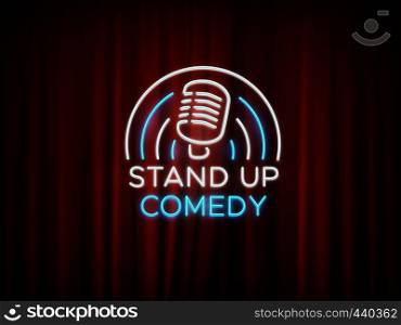 Stand up comedy neon sign with microphone and red curtain vector background. Comedy show stand up, microphone and entertainment illustration. Stand up comedy neon sign with microphone and red curtain vector background
