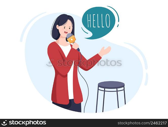 Stand Up Comedy Show Theater Scene with Red Curtains and Open Microphone to Comedian Performing on Stage in Flat Style Cartoon Illustration