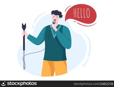 Stand Up Comedy Show Theater Scene with Red Curtains and Open Microphone to Comedian Performing on Stage in Flat Style Cartoon Illustration