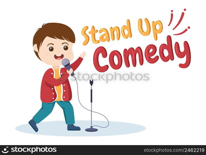 Stand Up Comedy Show Theater Scene with Red Curtains and Open Microphone to Comedian Performing on Stage in Flat Style Cartoon Illustration