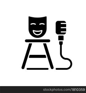 Stand up show black glyph icon. Comedic performance. Concert with jokes. Stage show for open mic. Comedy for entertainment. Media genre. Silhouette symbol on white space. Vector isolated illustration. Stand up show black glyph icon