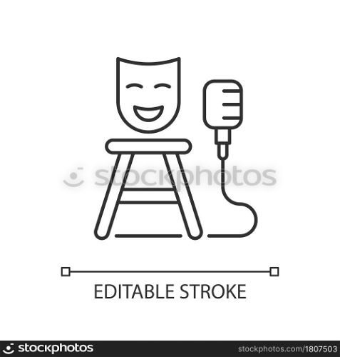 Stand up show linear icon. Comedic performance. Concert with jokes. Stage show for open mic. Thin line customizable illustration. Contour symbol. Vector isolated outline drawing. Editable stroke. Stand up show linear icon