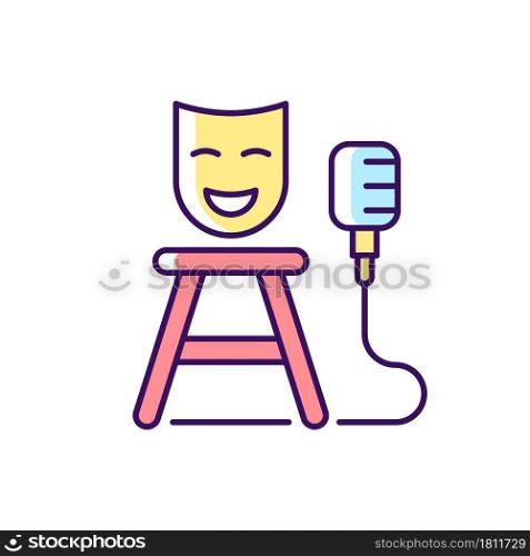 Stand up show RGB color icon. Comedic performance. Concert with jokes. Stage show for open mic. Comedy for entertainment. Media genre. Isolated vector illustration. Simple filled line drawing. Stand up show RGB color icon
