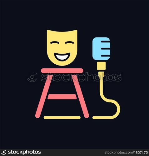 Stand up show RGB color icon for dark theme. Comedic performance. Concert with jokes. Media genre. Isolated vector illustration on night mode background. Simple filled line drawing on black. Stand up show RGB color icon for dark theme