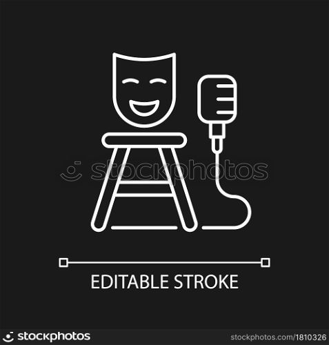 Stand up show white linear icon for dark theme. Comedic performance. Concert with jokes. Thin line customizable illustration. Isolated vector contour symbol for night mode. Editable stroke. Stand up show white linear icon for dark theme