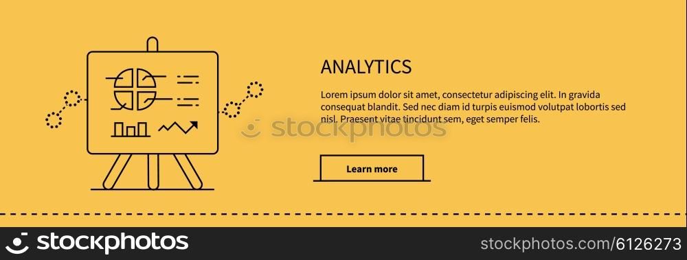 Stand with charts and parameters analytics on yellow. Business concept of analytics. Poster banner thin line black on yellow background. Presentation and analysis, rating and performance indicators.