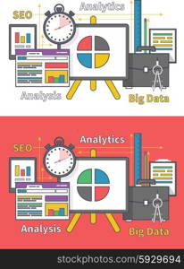 Stand with charts and parameters. Business concept of analytics. Analysis big data seo in flat design. Can be used for web banners, marketing and promotional materials, presentation templates