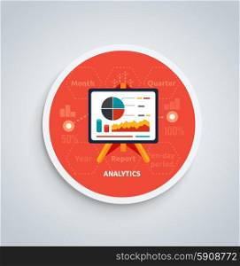 Stand with charts and parameters. Business concept of analytics on round banner. Can be used for web banners, marketing and promotional materials, presentation templates