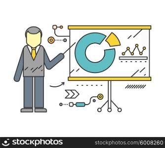 Stand with charts and parameters. Business concept of analytics. Poster banner on white background. Presentation and analysis, rating and performance indicators. Man near stand. Data analysis