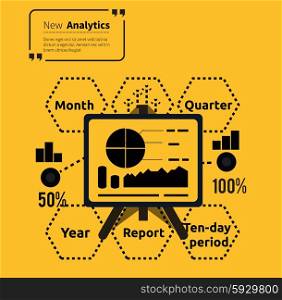 Stand with charts and parameters. Business concept of analytics. Poster banner on yellow background. Presentation and analysis, rating and performance indicators. Phrase analytics in isolation quotes