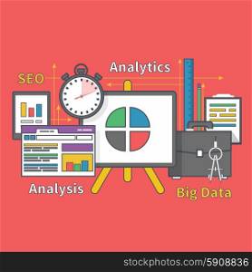 Stand with charts and parameters. Business concept of analyticsr. Analysis big data seo. Can be used for web banners, marketing and promotional materials, presentation templates
