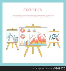 Stand with charts graphs and parameters. Statistic business concept of analytics. Stand with charts and parameters