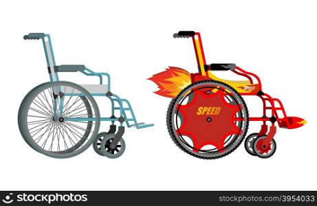 Standard and custom wheelchair. Armchair with turbo engine for high speed. Turbine with fire. Racing in wheelchairs for persons with disabilities.