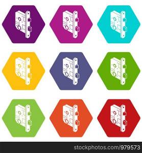 Standard door lock icons 9 set coloful isolated on white for web. Standard door lock icons set 9 vector