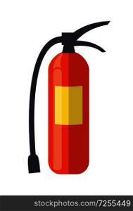 Standard red fire extinguisher with yellow instruction tag on cylinder with black levers, hose and nozzle isolated vector illustration on white. Fire Extinguisher Isolated illustration