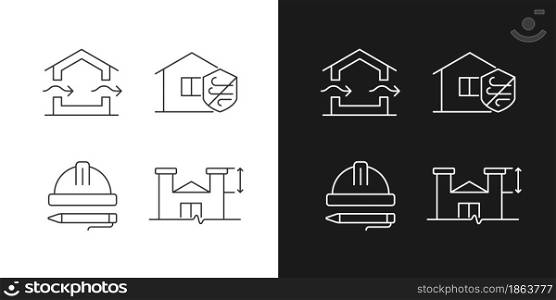 Standards for residential construction linear icons set for dark and light mode. Natural ventilation. Customizable thin line symbols. Isolated vector outline illustrations. Editable stroke. Standards for residential construction linear icons set for dark and light mode