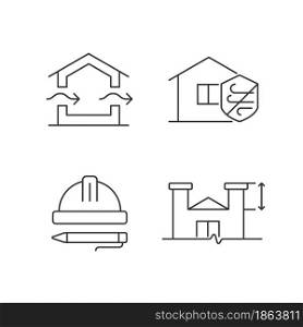 Standards for residential construction linear icons set. Natural ventilation. Weather resistance. Customizable thin line contour symbols. Isolated vector outline illustrations. Editable stroke. Standards for residential construction linear icons set
