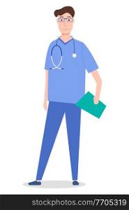 Standing and smiling medical specialist, male doctor, male therapist, stethoscope and clipboard. Medicine worker. Medical clothes, uniforms and equipment. Vector flat illustration isolated on white. Illustration of standing and smiling doctor with clipboard and stethoscope. Medical uniform