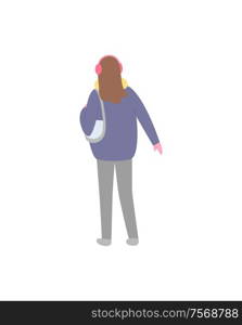 Standing back brunette person in jacket with scarf and pink earmuffs with mittens, colorful simple vector illustration in flat style isolated on white. Standing Back Brunette Woman in Blue Jacket Vector