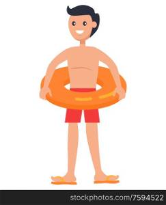 Standing boy in lifebuoy isolated vector icon. Smiling teenager in swimming shorts and flip-flops inside inflatable circle, summer holiday theme.. Standing Boy in Lifebuoy Isolated Vector Icon