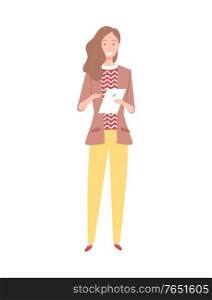 Standing business woman or colleague with brown long wavy hair in brown jacket and yellow trousers holding document and smiling vector illustration. Woman Worker with Long Wavy Hair Vector Cartoon