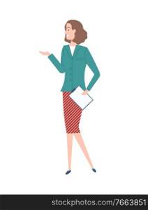 Standing business woman or head manager with short brown hairstyle wearing jacket and red skirt with turned head and raised hand vector illustration. Woman Worker with Short Wavy Hair Vector Cartoon