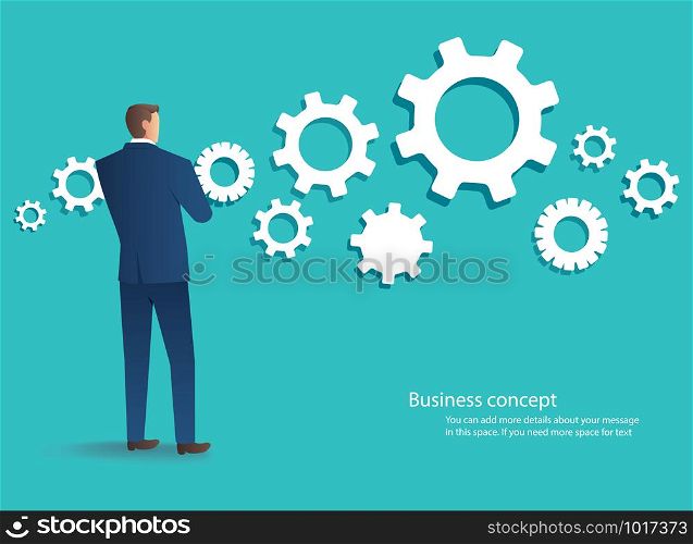 standing businessman with cogs wheel background , business concept of development vector illustration