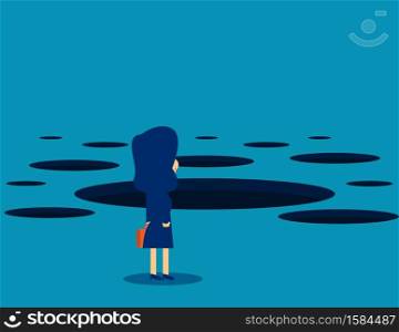 Standing buy shaped hole in road. Concept business problem vector illustration, Abstract, Risk, Challenge, Kid flat business cartoon style design.