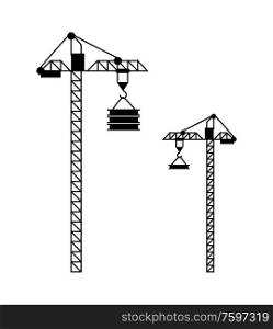 Standing crane with load suspended on hook, building equipment with rope and cargo, modern machine technology for high construction, transportation vector. High Machine for Building, Crane with Hook Vector