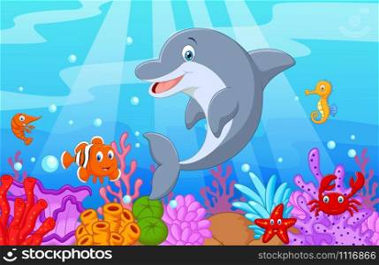 Standing Dolphin Illustration with collection fish