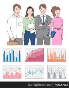 Standing group of people in casual clothes holding documents, closeup view of workers, chart or graph icon on cells, teamwork presentation vector. Teamwork Presentation Chart and Graph Icons Vector