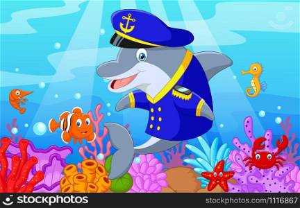 Standing little cartoon Dolphin using uniform Captain with collection fish